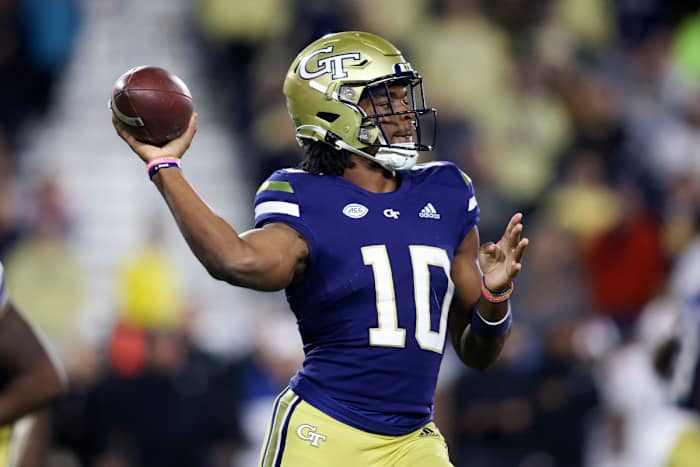 Atlanta, Georgia, USA; Georgia Tech Yellow Jackets quarterback Jeff Sims (10) throws a pass against the Virginia Cavaliers in the first half at Bobby Dodd Stadium.